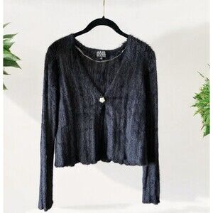 Black Faux Fur Sweater Crop One Button Front Juniors XL New